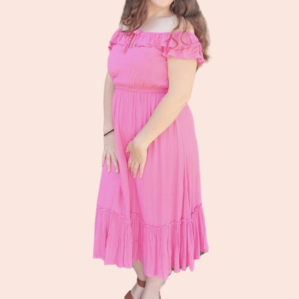 Hot Pink Off Shoulder Dress Midi Length Gold Lurex